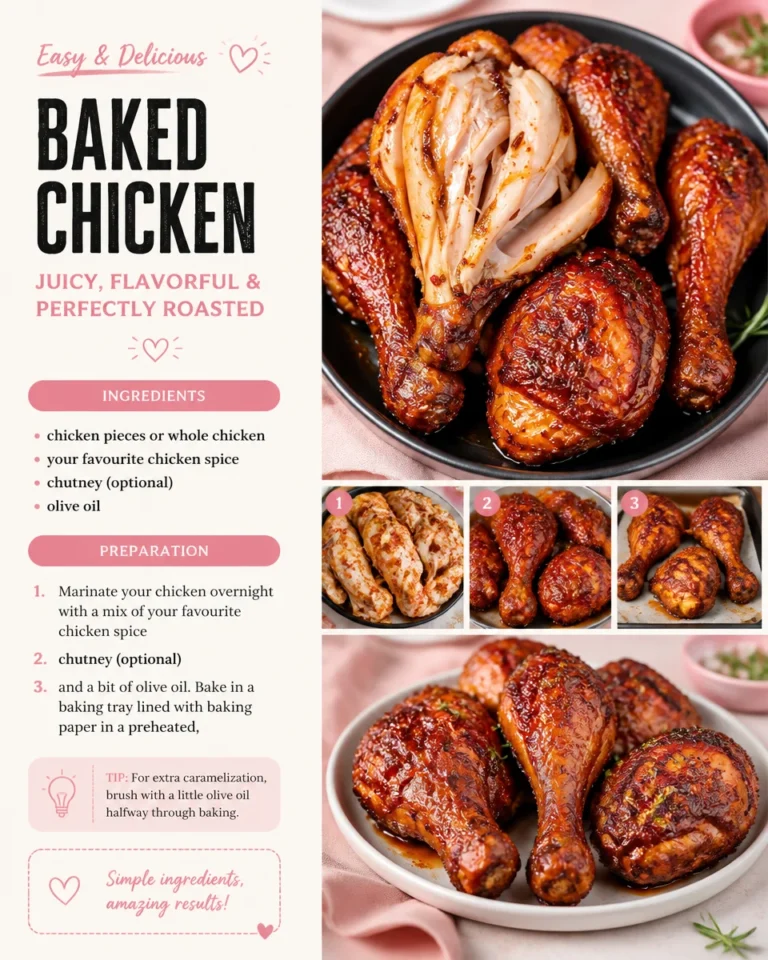 Deliciously baked chicken on a plate garnished with herbs.