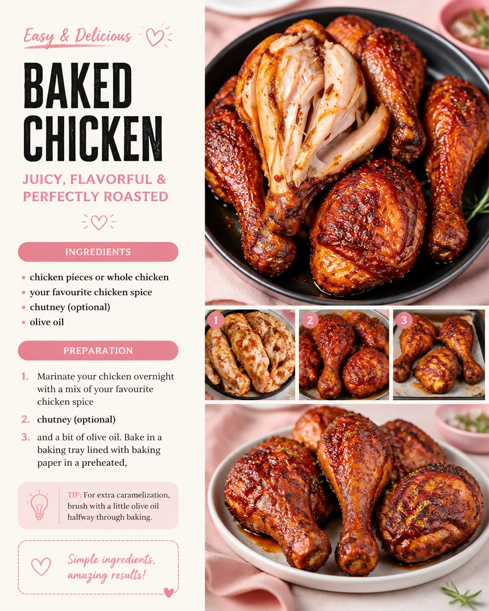 Deliciously baked chicken on a plate garnished with herbs.