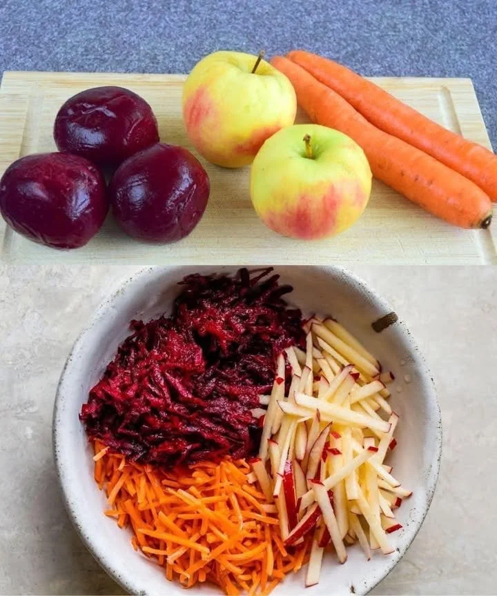 Colorful beetroot apple carrot salad with a vibrant dressing
