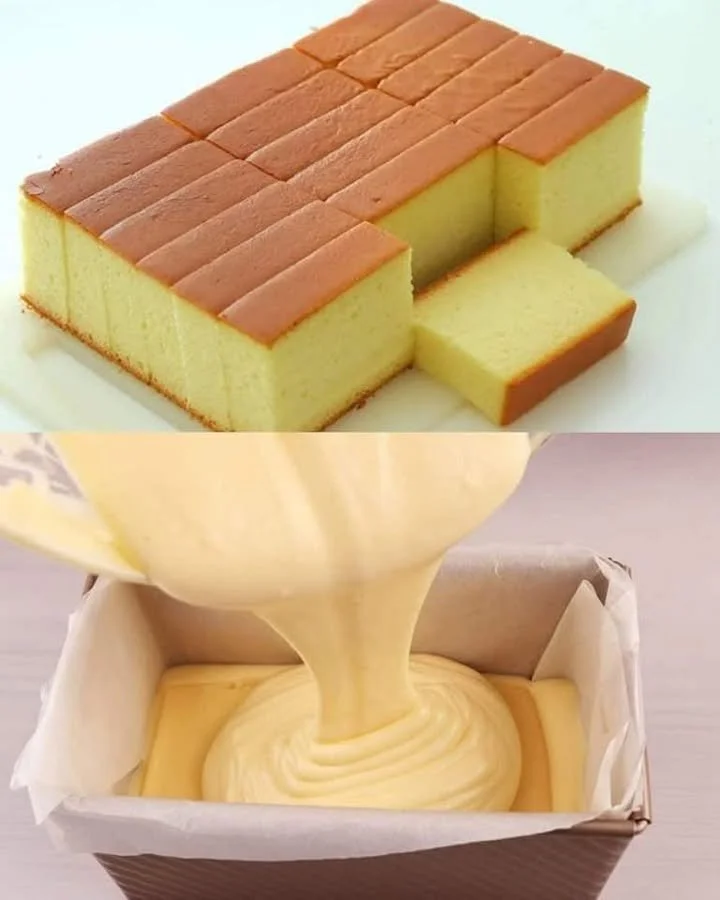 A slice of Castella Cake, showcasing its soft texture and golden color.