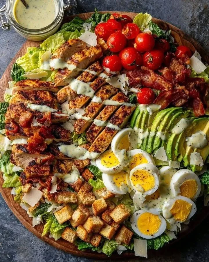 Cobb Salad featuring grilled chicken, fresh vegetables, bacon, and blue cheese