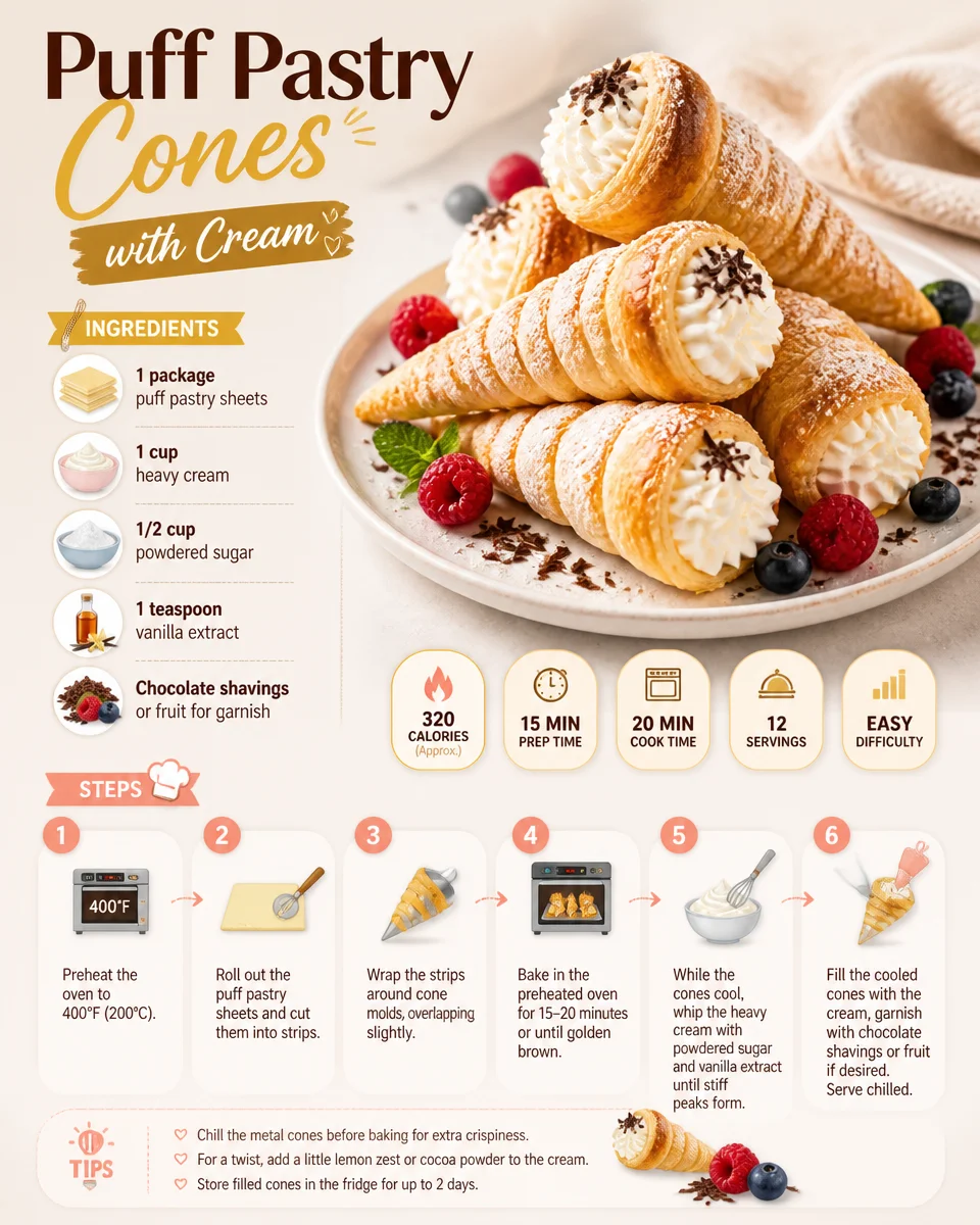 Delicious cream-filled puff pastry cones on a plate.