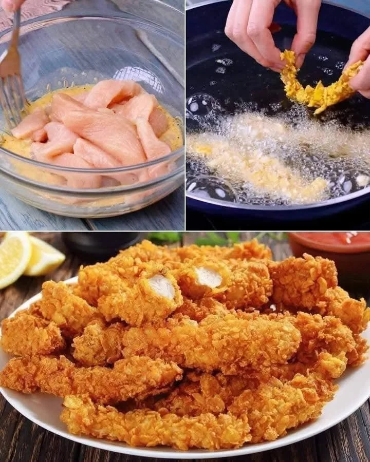 Delicious crispy chicken strips served with dipping sauce
