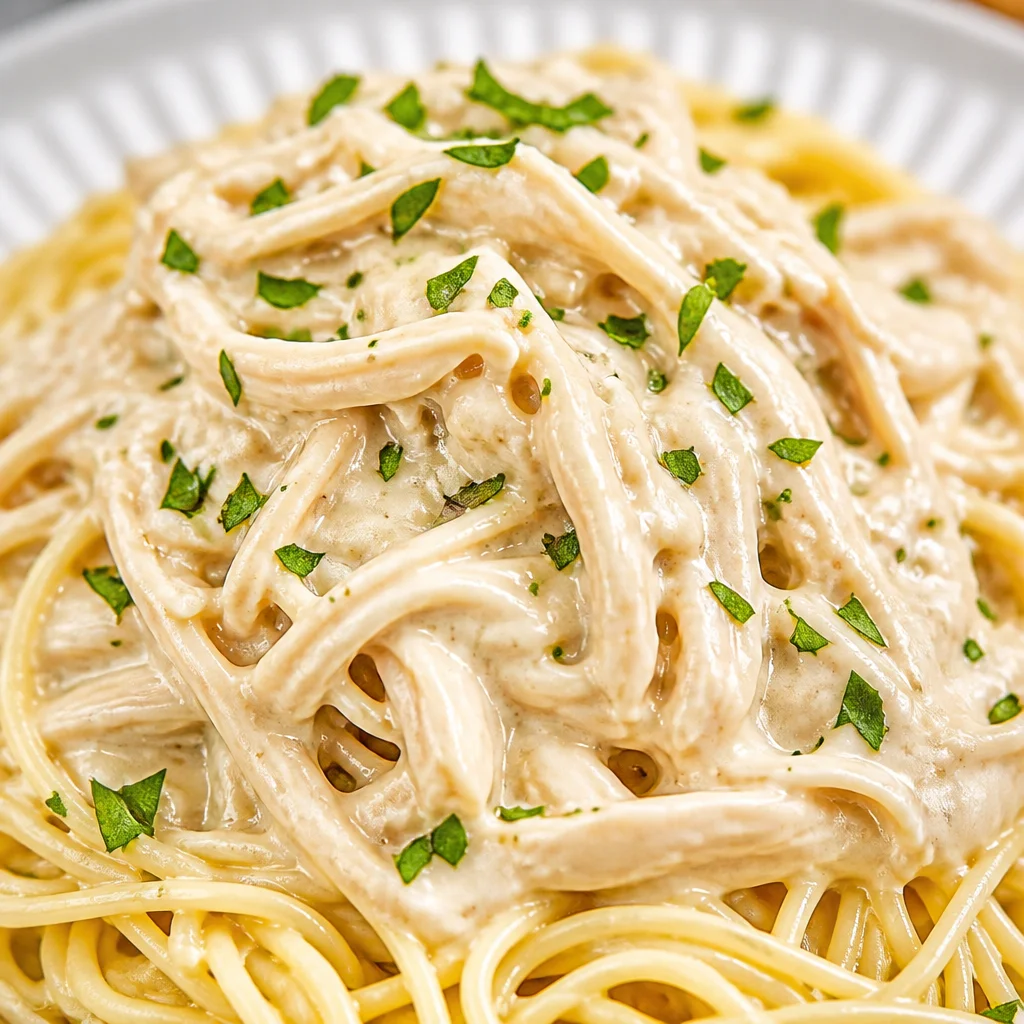 Crockpot angel chicken with creamy sauce served over angel hair pasta.