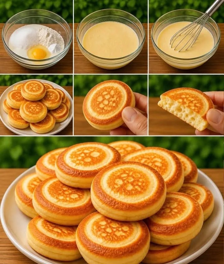 Fluffy mini pancakes stacked on a plate with syrup and berries
