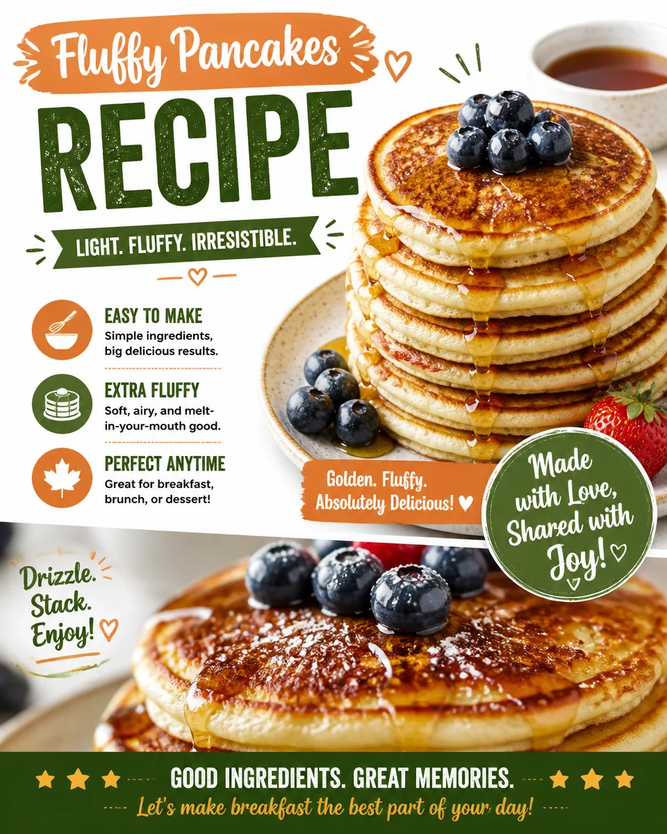 Stack of fluffy pancakes topped with maple syrup and berries