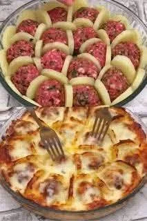 French-style potato meatball bake dish with meatballs and creamy potatoes
