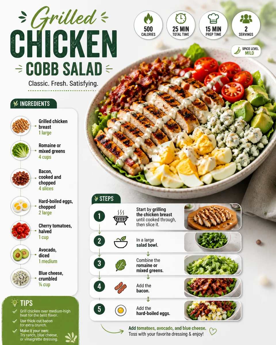 Grilled Chicken Cobb Salad with fresh greens, avocado, and eggs
