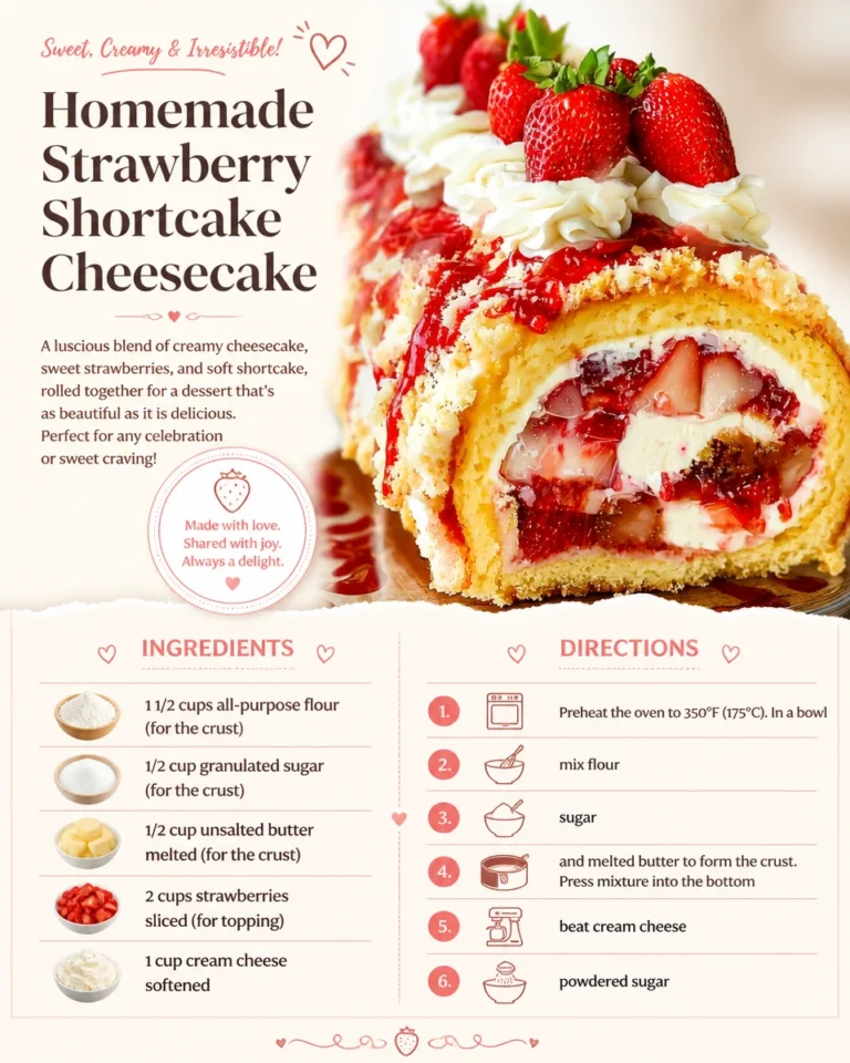 Delicious homemade strawberry shortcake cheesecake with fresh strawberries on top