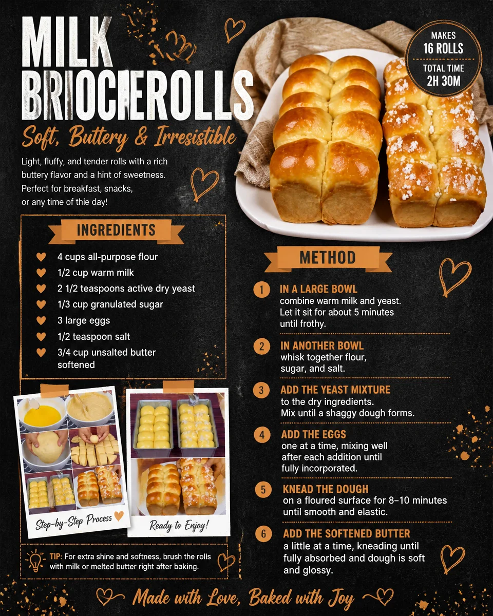 Homemade milk-infused brioche rolls on a wooden surface