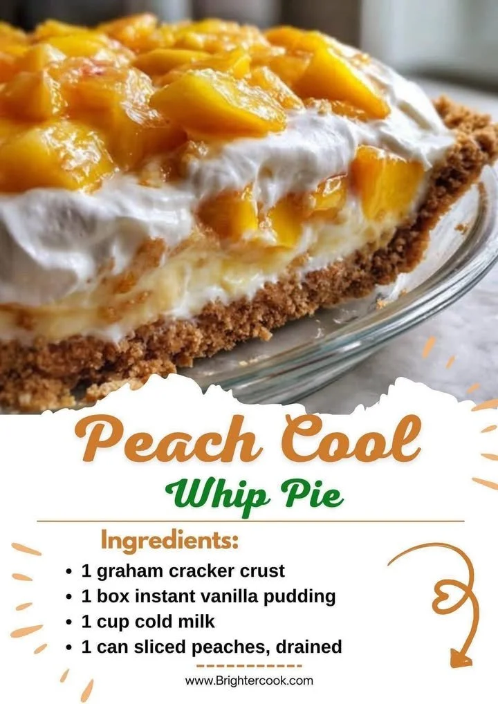 Delicious Peach Cool Whip Pie topped with fresh peaches and whipped cream