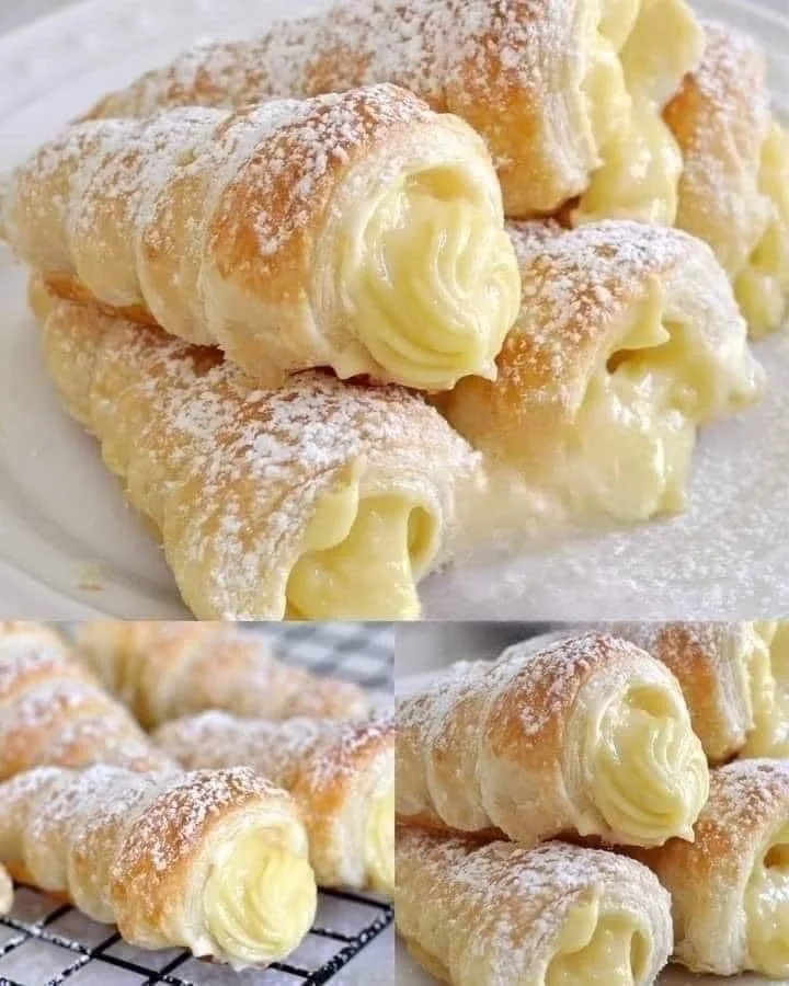 Delicious puff pastry horns filled with sweet cream and topped with powdered sugar.