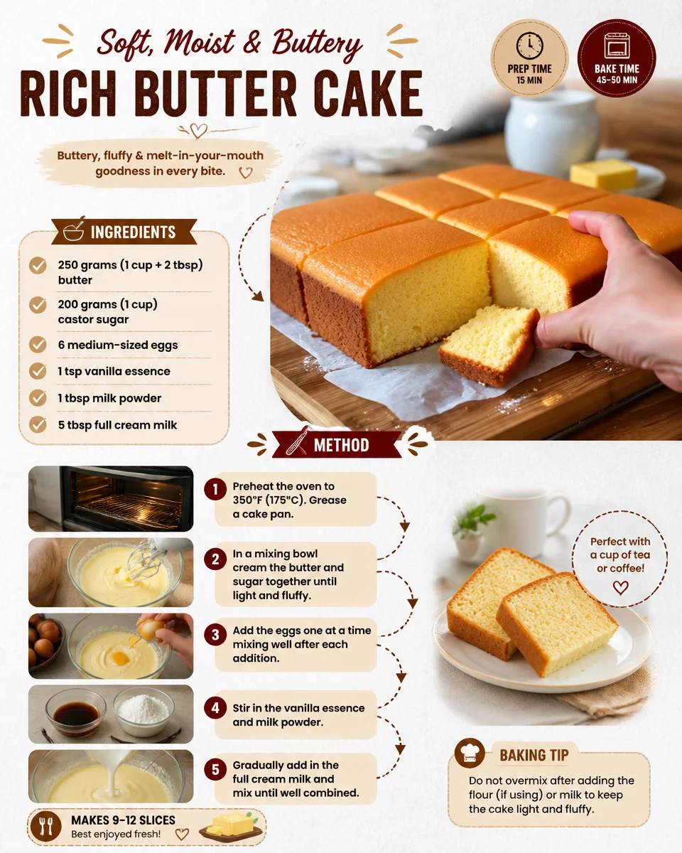 Slice of rich butter cake on a plate with a fork