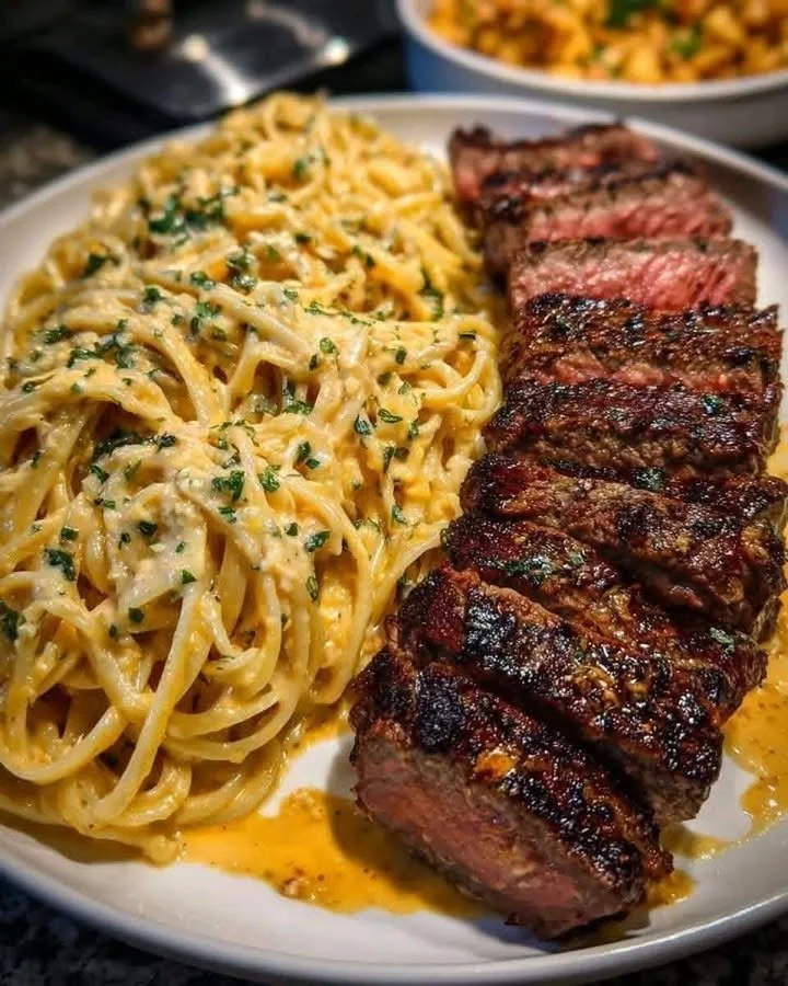 Plate of steak pasta with creamy garlic sauce and garnish.